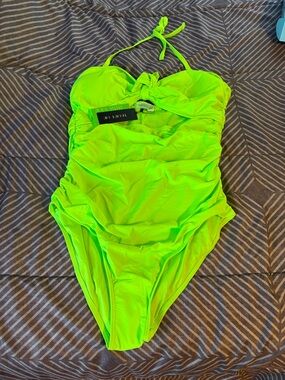 Tie-Neck Ruched One-Piece Swimsuit in Neon Lime